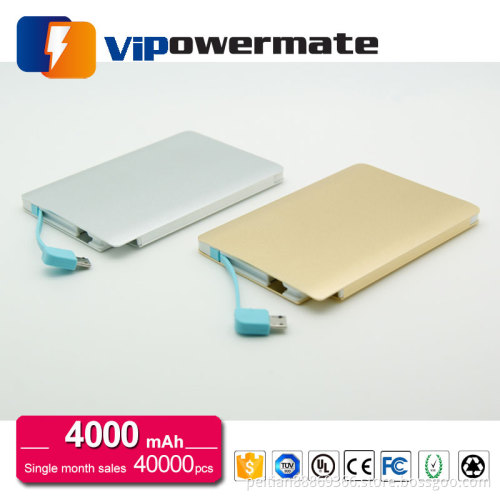 Wholesale credit card built in usb cable portable mobile power bank 4000 mah